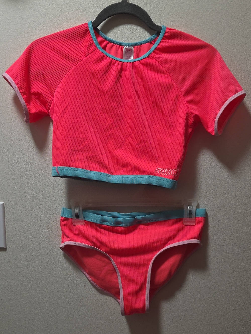 Justice Neon Coral Pink Short Sleeve Rash Guard Set with Aqua Trim